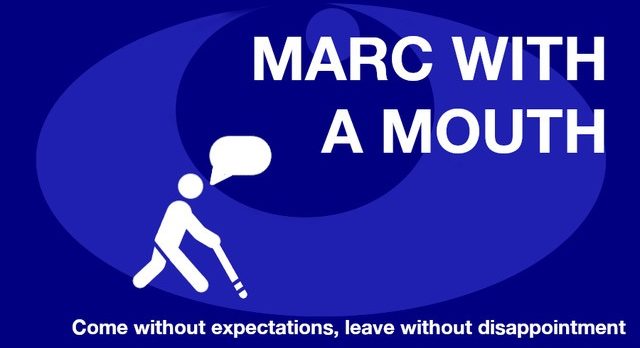 A logo features a Webdings style image of a man walking with a white cane and speech bubble on the left. On the right side are the words Marc With A Mouth with the tagline Come without expectations, leave without disappointment written underneath.