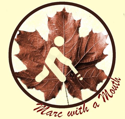 On the left of a banner image, a cream coloured clip art style character holds a cane over a brown-red circle. The circle sits on top of a textured maple leaf. To the right, the words Marc With A Mouth are written in a maroon brush stroke style font.